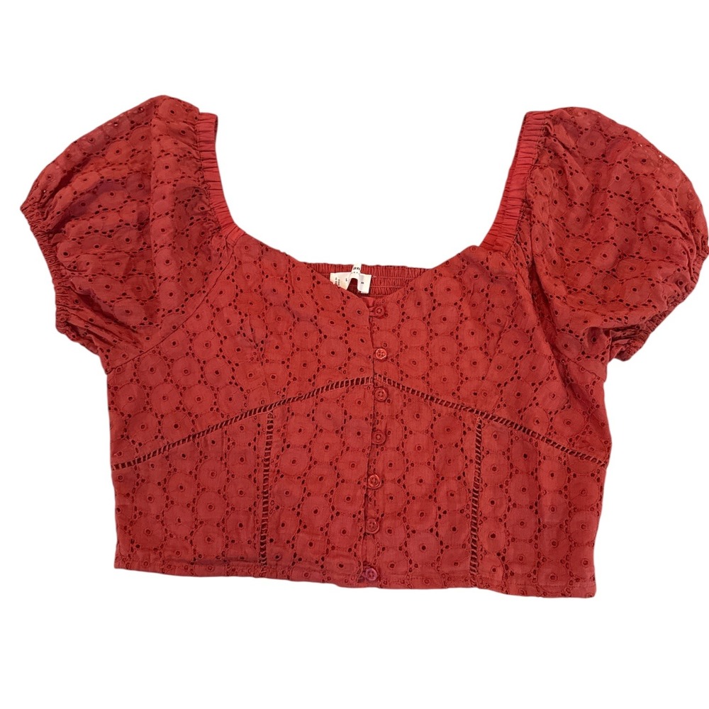 Lucky Brand Sweetheart Eyelet Lace Puff Sleeve Button Crop Top Sz M‎ Cottage